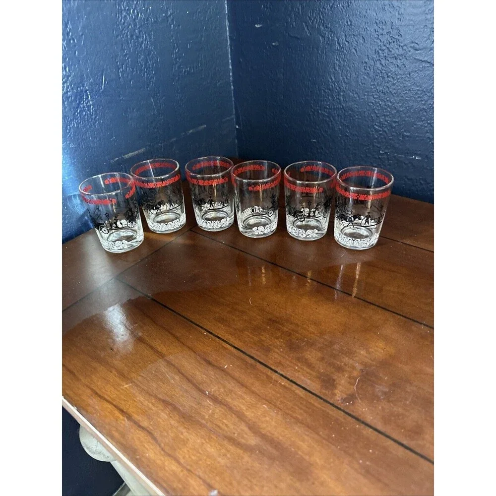 VTG MCM Hazel Atlas Set of 6 3oz Shot Glasses Horse & Buggy Auto